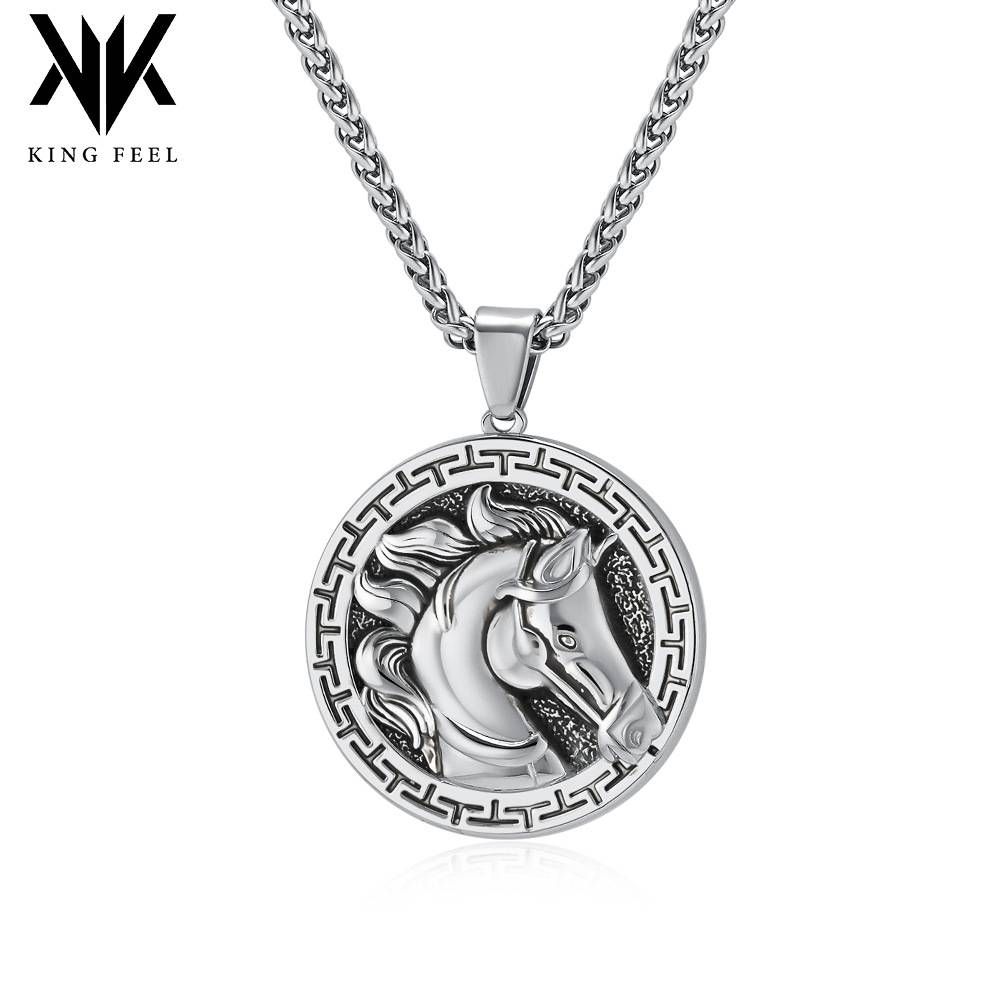 Retro animal horse head titanium steel necklace personality trendy men's literary jewelry clothing model wear accessories_ipsvogv.com