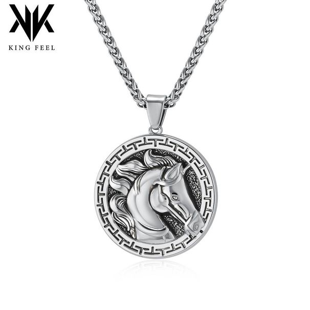 Retro animal horse head titanium steel necklace personality trendy men's literary jewelry clothing model wear accessories_ipsvogv.com