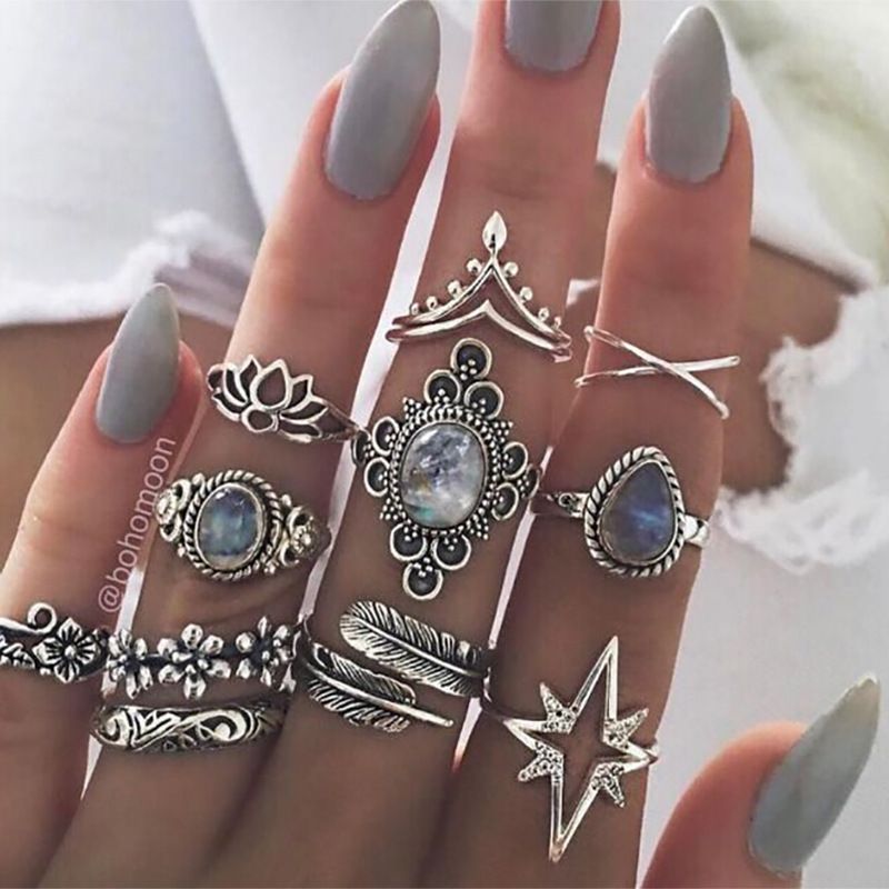 Retro Diamond Carved Starry Sky Gemstone 11 Piece Combination Set Ring_ipsvogv.com