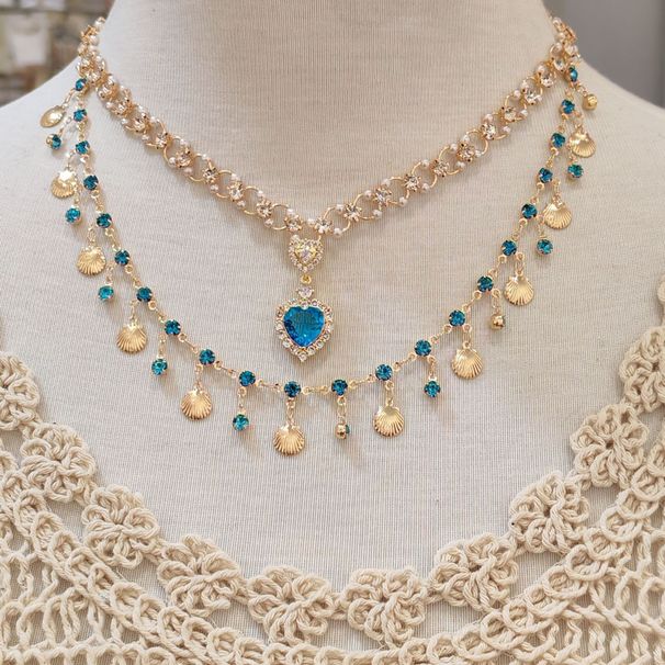 2024 new explosive blue love shell double layer wear girl princess gold high-grade necklace_ipsvogv.com