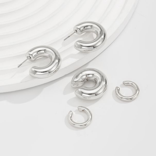 Round tube hollow ear clip earrings set for women C shaped smooth metal wind ear clip earrings_ipsvogv.com
