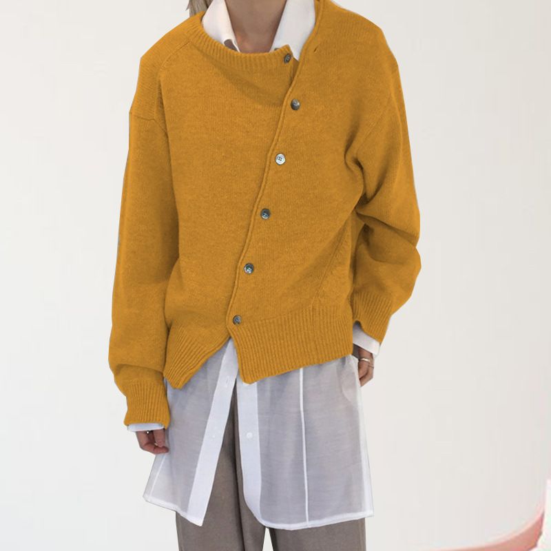 Women's Clothing oblique button irregular design lazy style sweater cardigan round neck knitted jacket _ipsvogv.com