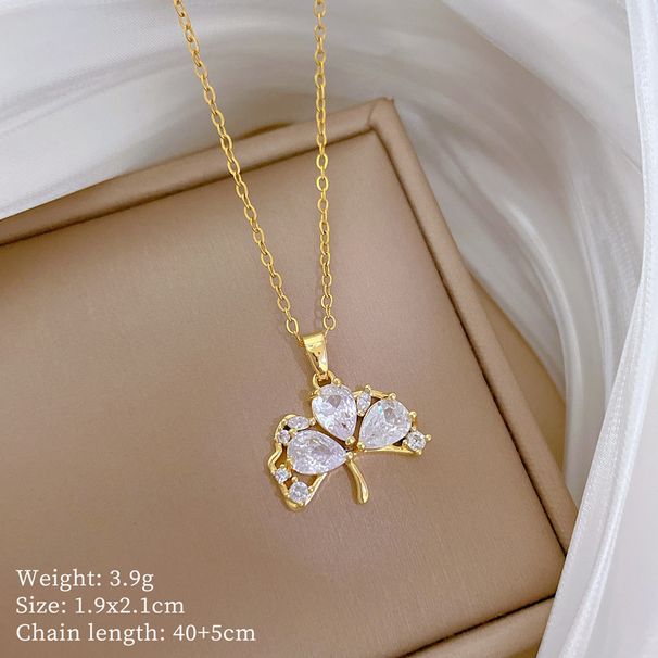 【 Titanium Steel 】 Stranded Ginkgo Leaves Of Diamonds, Light Luxury Temperament, Gorgeous Full Diamond Necklace, Women's_ipsvogv.com