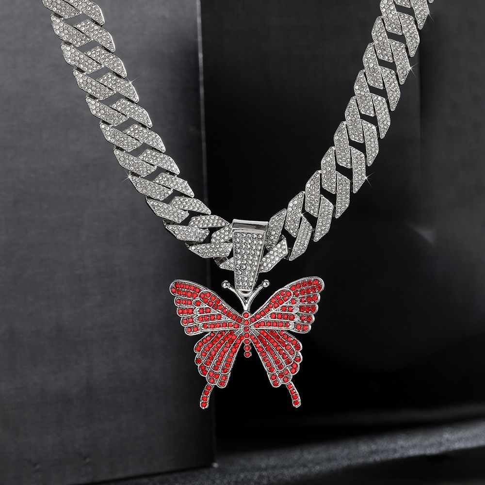 Hip hop necklace street rap butterfly pendant Cuban necklace personality trend couple necklace_ipsvogv.com