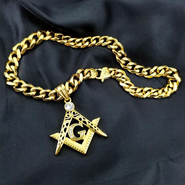 Rhinestone Pendant Necklace 11mm Width Yellow Mens Women Freemasonry Masonic Mason Stainless Steel_ipsvogv.com