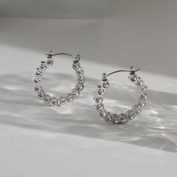 Spot Retro Plated Titanium Steel Fine Polished Round Zircon C Hoop Earrings_ipsvogv.com