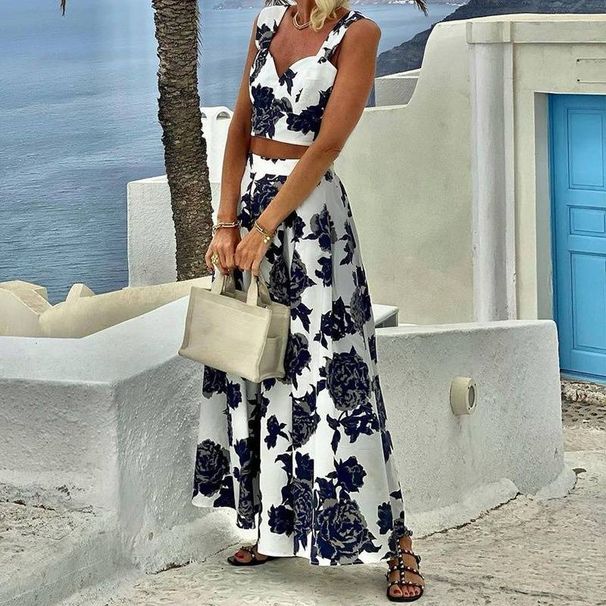 Women's Clothing Fashion Temperament Printed Midi-length Half-length Top and Skirt Two-piece Set_ipsvogv.com