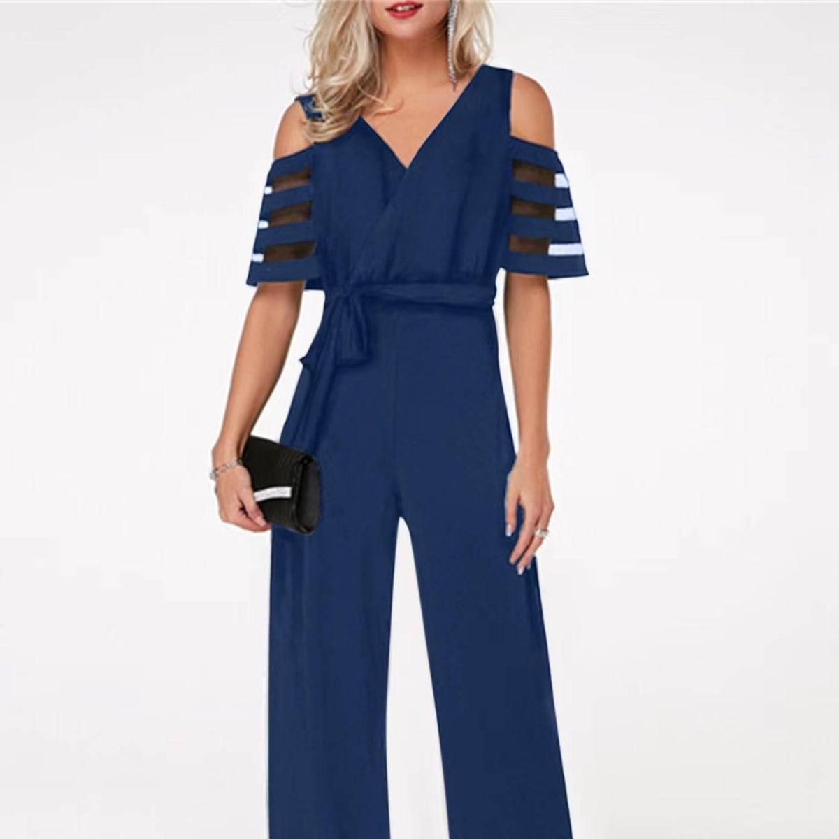 Women's Clothing V-neck strapless solid color high waist party jumpsuit trousers belt women's wide-leg pants_ipsvogv.com