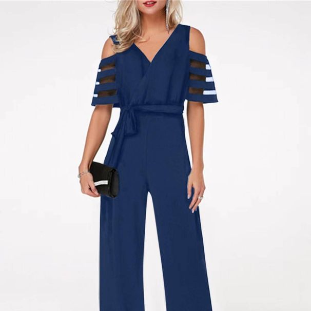 Women's Clothing V-neck strapless solid color high waist party jumpsuit trousers belt women's wide-leg pants_ipsvogv.com