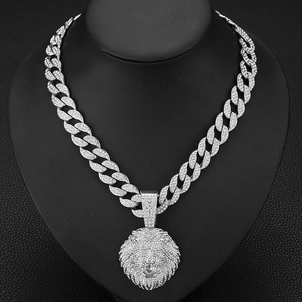 Cool full diamond personality three dimensional lion head pendant Cuban necklace Street hip hop style_ipsvogv.com
