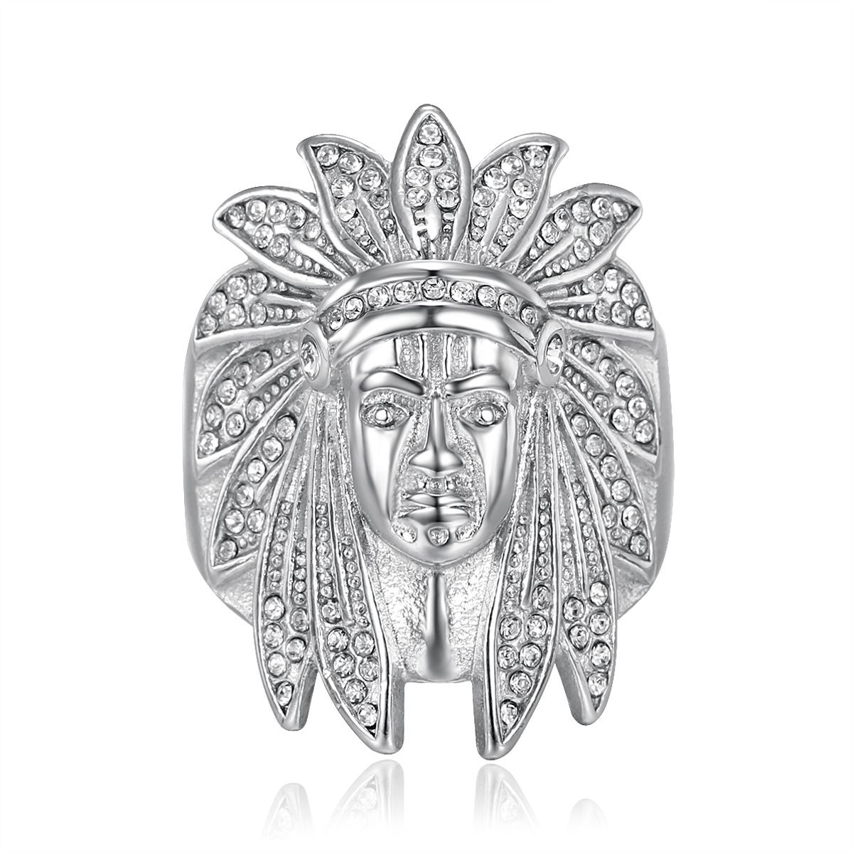 New Hip-Hop Titanium Steel Gold-Plated Diamond-Studded Indian Chief Men's Ring_ipsvogv.com