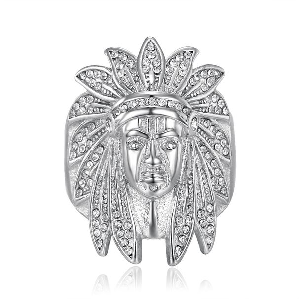 New Hip-Hop Titanium Steel Gold-Plated Diamond-Studded Indian Chief Men's Ring_ipsvogv.com