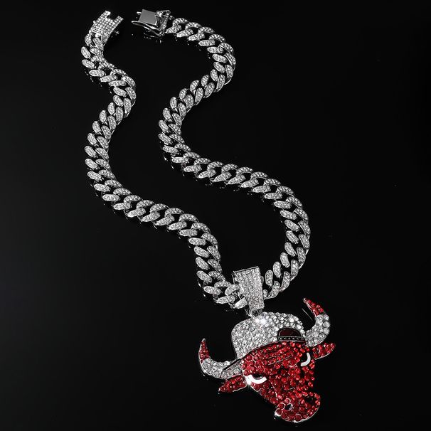 New product: Full Diamond Red Bull Head Pe, Powerful and Personalized Punk Men's Cuban Chain Necklace Decorative_ipsvogv.com