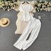 Women's Clothing retro fashion round neck short sleeved tie waist top two piece suit women's casual loose high waist wide leg trousers_ipsvogv.com