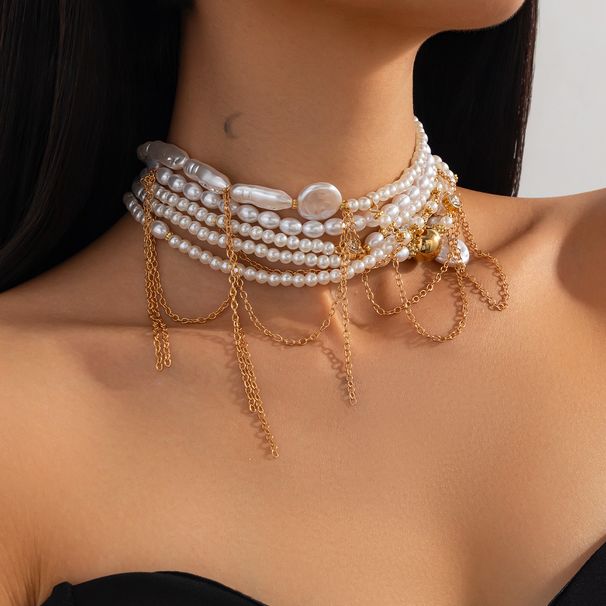 Jewelry multi layer large and small beaded tassel retro collar jewelry pearl necklace female choker_ipsvogv.com