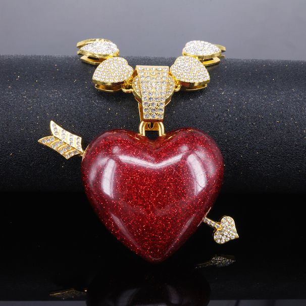 Unisex Alloy Full Diamond Jewelry Cupid's Arrow Red Heart Pendant Retro Personality Hip Hop Love Cuban Chain_ipsvogv.com