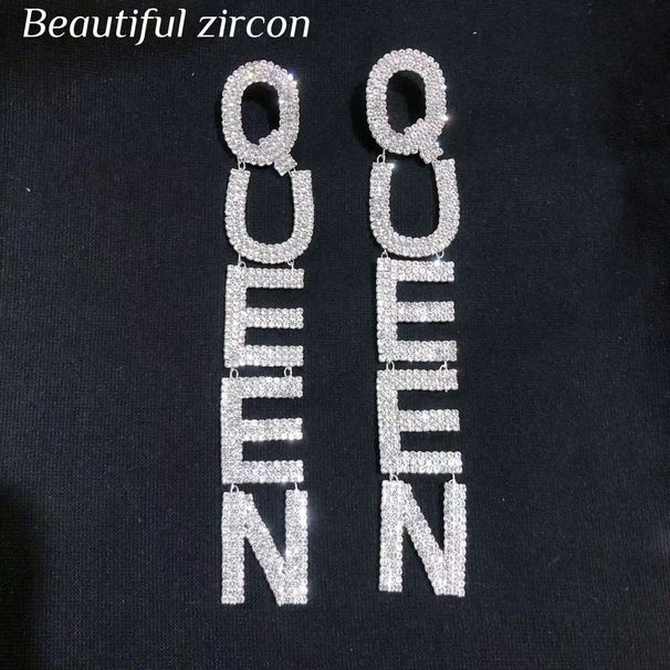 Women's letter QUEEN earrings Fashionable exaggerated long diamond earrings_ipsvogv.com