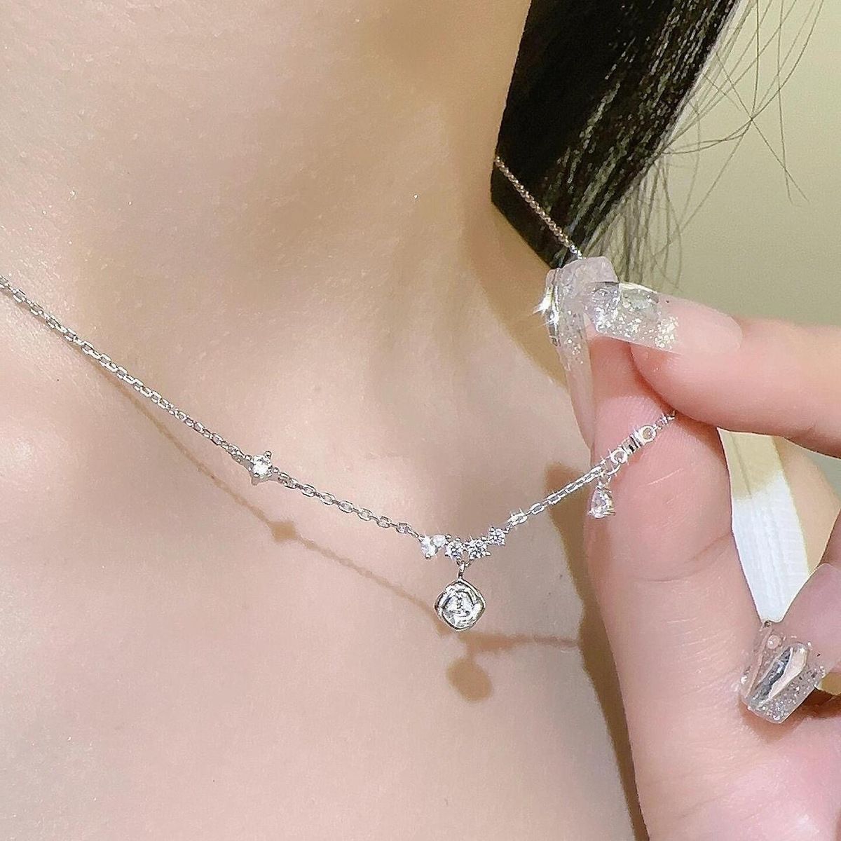 S Pure Silver Rose Zircon Necklace Women's Ins Exquisite Premium Sense Simple Versatile Temperament Clavicle Chain_ipsvogv.com