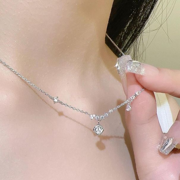 S Pure Silver Rose Zircon Necklace Women's Ins Exquisite Premium Sense Simple Versatile Temperament Clavicle Chain_ipsvogv.com