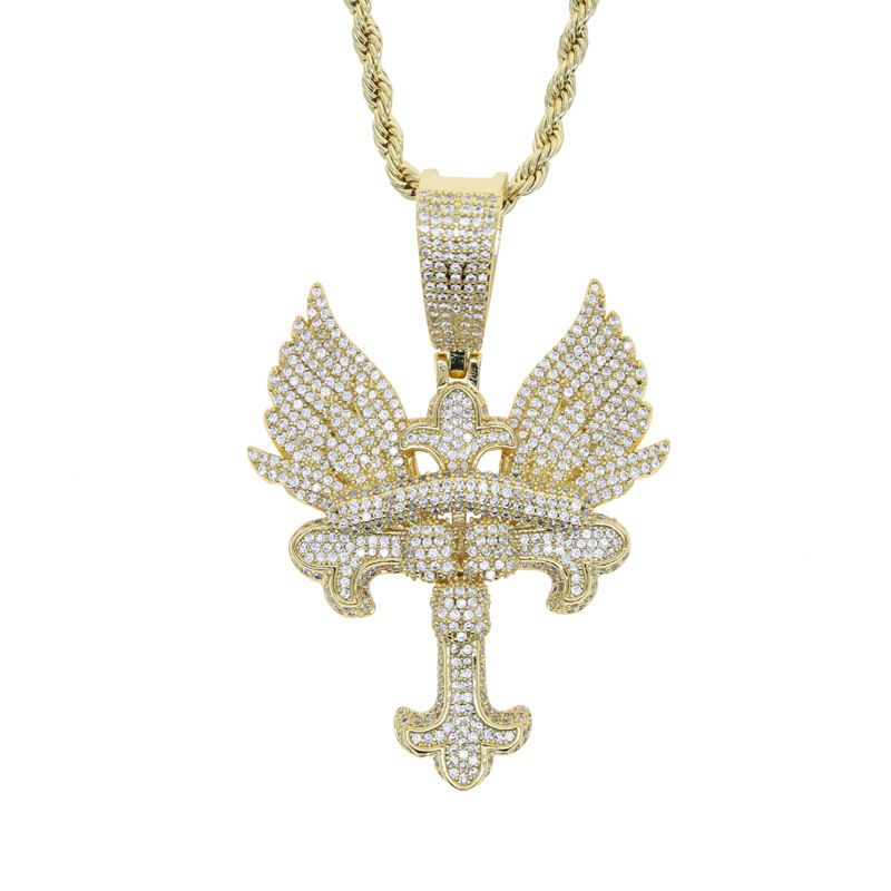 Men's Hip Hop Cross Pendant Necklace With Zircon, Silver/Gold Chain Options, 60cm Length Angel Cross Zircon Pendant Trend Men's Necklace_ipsvogv.com