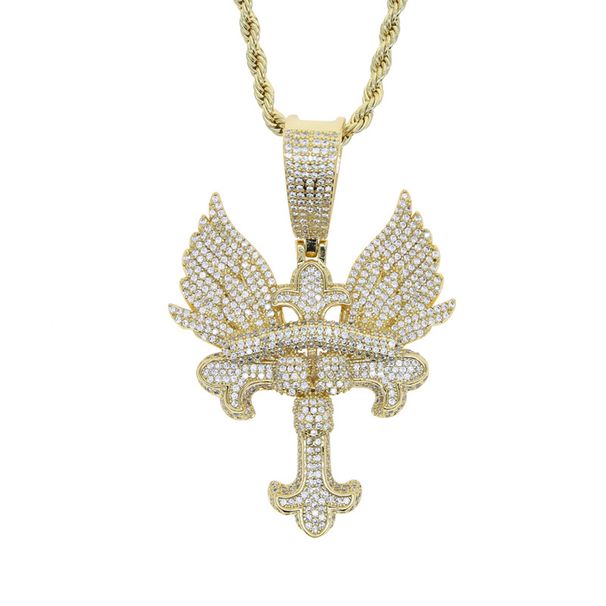 Men's Hip Hop Cross Pendant Necklace With Zircon, Silver/Gold Chain Options, 60cm Length Angel Cross Zircon Pendant Trend Men's Necklace_ipsvogv.com
