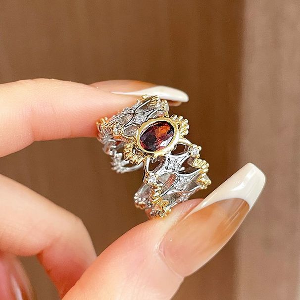 dual Tone Gold Woven Lace Italian Inlaid With Red Zircon Ring, Unique And Niche, Open Mouth Ring For Women , Niche,_ipsvogv.com