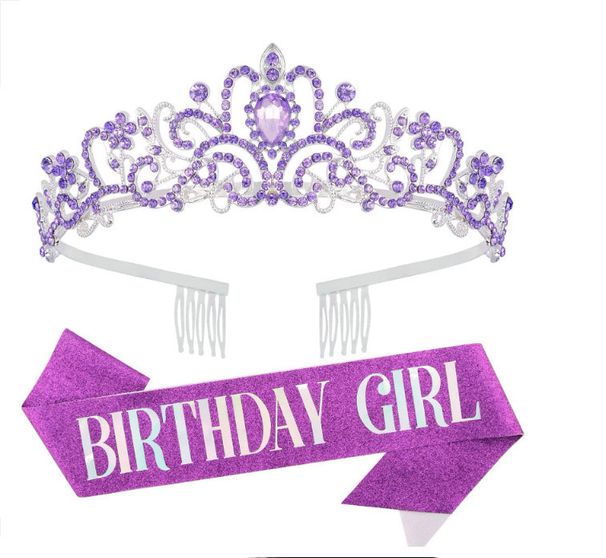 Pink Girl Etiquette Belt Rose Gold Birthday Party Decoration Props Crown Shoulder Strap Queen Ribbon Set Gift_ipsvogv.com