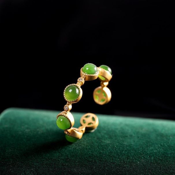 Ancient Gold Process S Simulation Hotan Jade Green Jasper Simple Opening Index Finger Ring Girl_ipsvogv.com