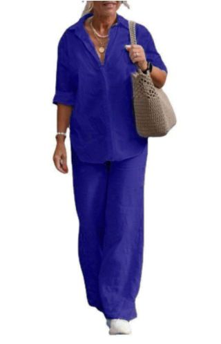 Women's clothing women's two-piece set women's lapel long-sleeved shirt spring and autumn casual solid color pants wide leg suit_ipsvogv.com