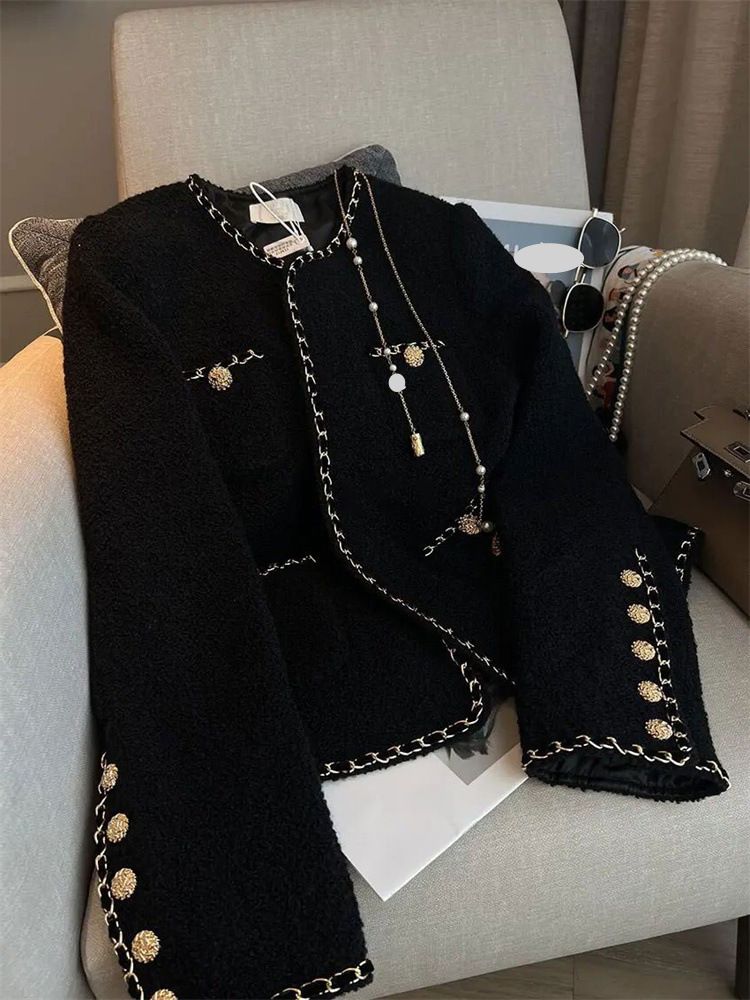 Women's Clothing light luxury small tweed black short jacket all-match royal sister style baseball jacket spring_ipsvogv.com
