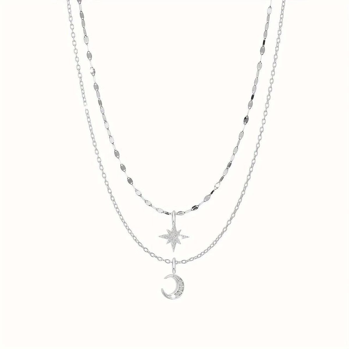 Chain Necklaces New Product S925 Sterling Silver Star And Moon Double Layer Necklace Versatile Light Luxury Female Niche Design Clavicle Chain_ipsvogv.com