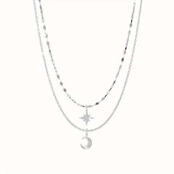 Chain Necklaces New Product S925 Sterling Silver Star And Moon Double Layer Necklace Versatile Light Luxury Female Niche Design Clavicle Chain_ipsvogv.com