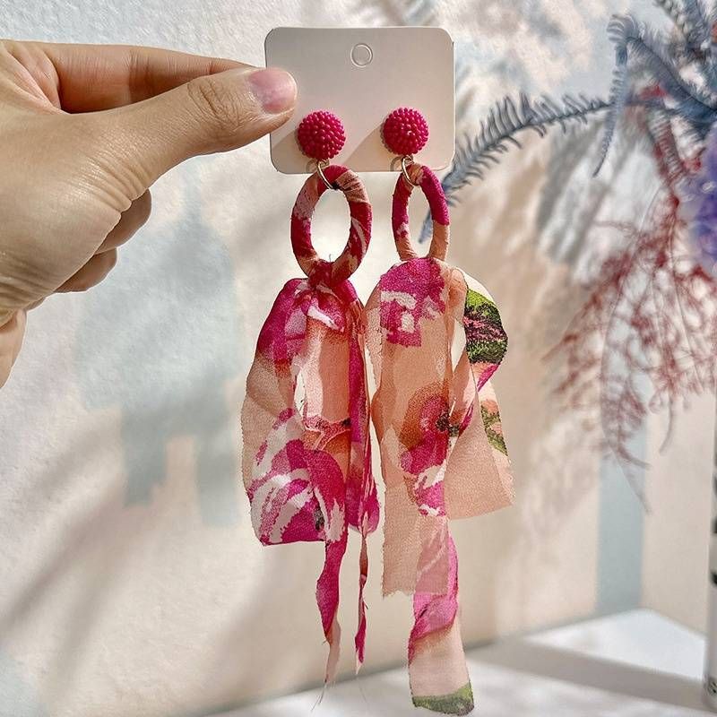 Colorful Dopamine Silk Cloth Fabric Long Tassel Bow Earrings For Women Bohemian Design Handmade Ear Hoop Jewelry Party Gift_ipsvogv.com