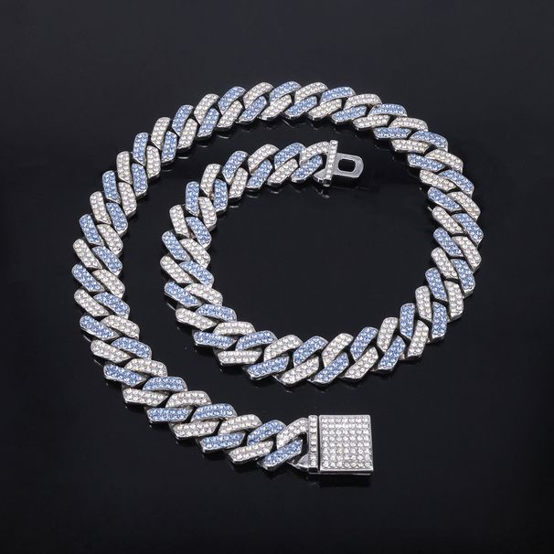 Unisex Hot Selling 14mm Diamond Pink Blue Diamond Flip Alloy Men's Necklace Encrypted Cool Hip Hop Cuban Necklace_ipsvogv.com