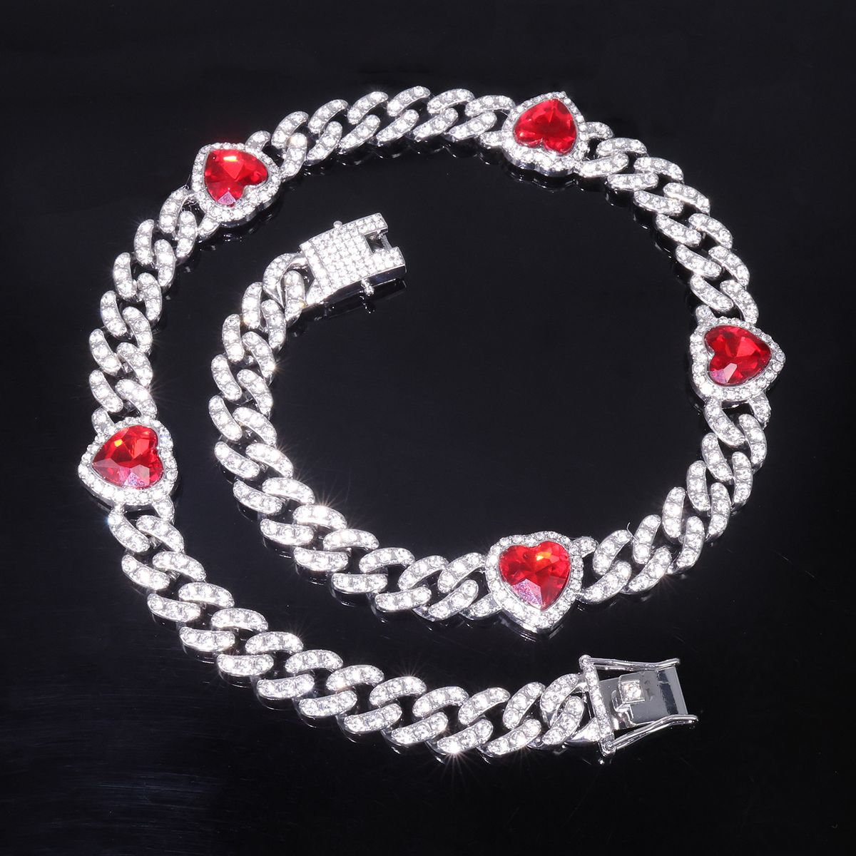 Men’s Jewelry Set Fashion 12mm Three Diamond Red Heart Full Diamond NecklaceStreet Hip Hop Cuban Chain Jewelry_ipsvogv.com