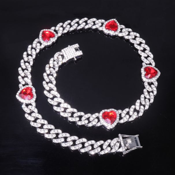 Men’s Jewelry Set Fashion 12mm Three Diamond Red Heart Full Diamond NecklaceStreet Hip Hop Cuban Chain Jewelry_ipsvogv.com