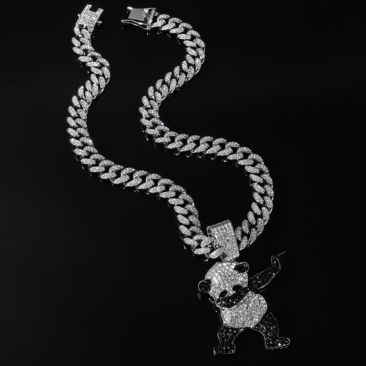 New diamond inlaid cute dancing panda alloy pendant necklace, hip-hop exaggerated and cool clothing accessories_ipsvogv.com