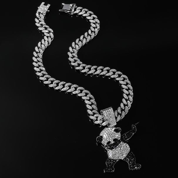 New diamond inlaid cute dancing panda alloy pendant necklace, hip-hop exaggerated and cool clothing accessories_ipsvogv.com