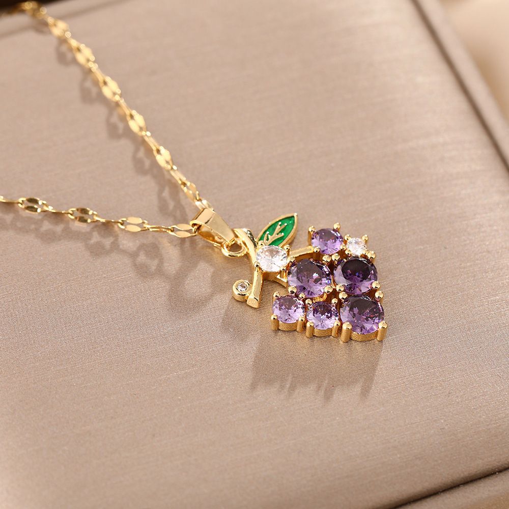 Titanium Steel Women's Midsummer Grape French Zircon Necklace, Fairy Temperament, Forest Like Feeling, Collarbone Chain_ipsvogv.com