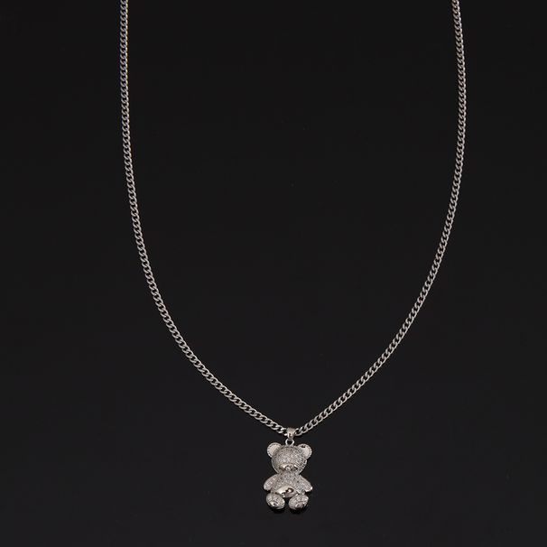 Copper Plated Real Gold Zircon Bear Men's Necklace Punk Light Luxury Titanium Steel Chain Fun Niche Design Accessories_ipsvogv.com