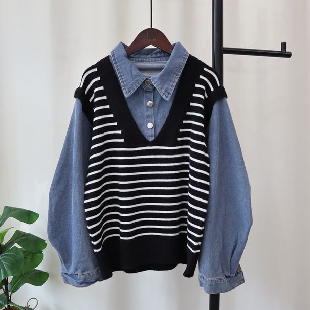 Women's Clothing Contrast color striped stitching denim sweater tops autumn and winter new Korean loose casual sweater pullover for women_ipsvogv.com