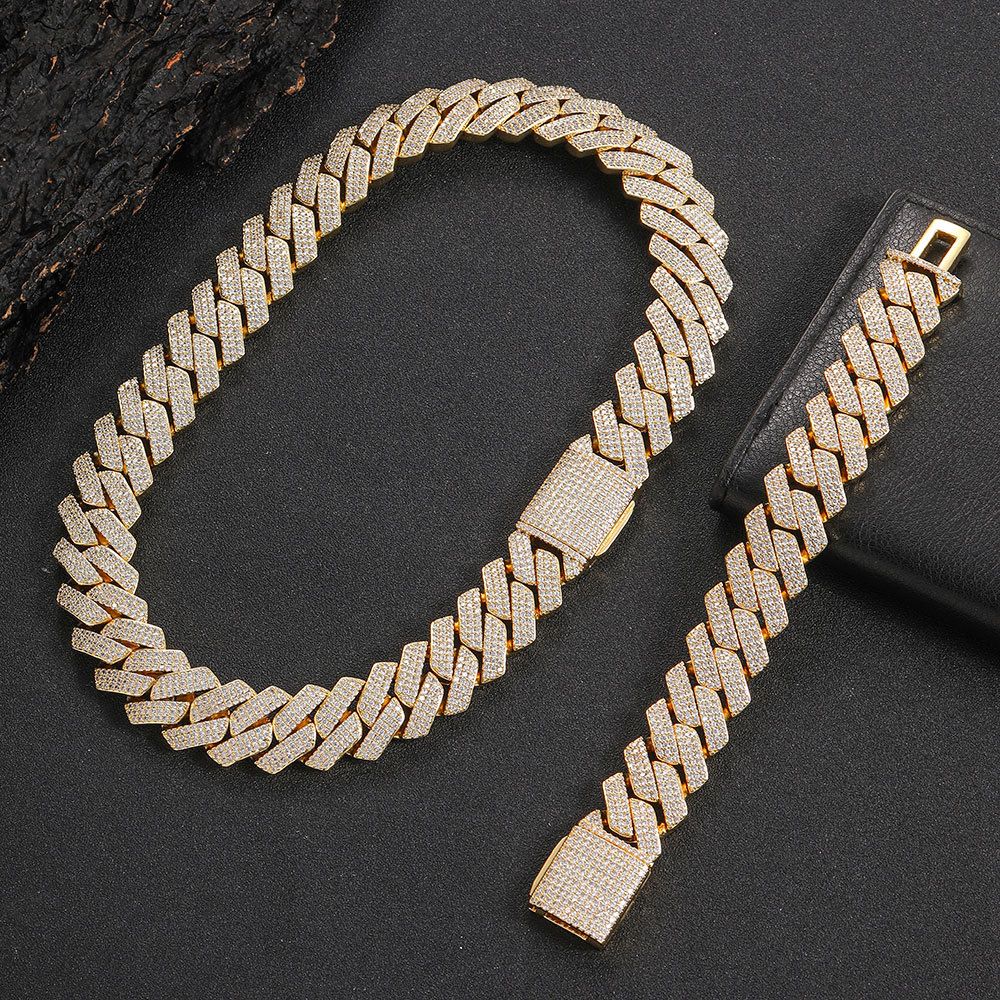 Men's Jewelry Set Fashion Men's Bracelet Flip Buckle Three Row Zircon Diamond Cuban Chain Thick Hip Hop Necklace_ipsvogv.com