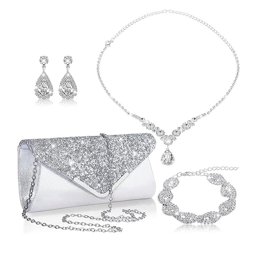 High end bridal jewelry set, cocktail party elegant necklace, earrings and bracelet four piece set, evening dress, dinner bag and clutch bag_ipsvogv.com