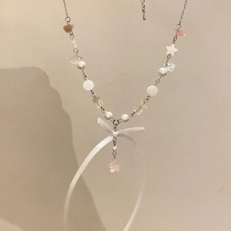 Runaway Prcess Ribbon Bow Necklace For Women Sweet Temperament Pearl Shell Beaded Choker Collarbone Accessory Neck_ipsvogv.com