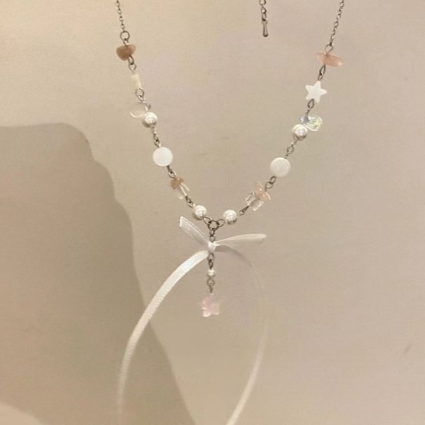 Runaway Prcess Ribbon Bow Necklace For Women Sweet Temperament Pearl Shell Beaded Choker Collarbone Accessory Neck_ipsvogv.com