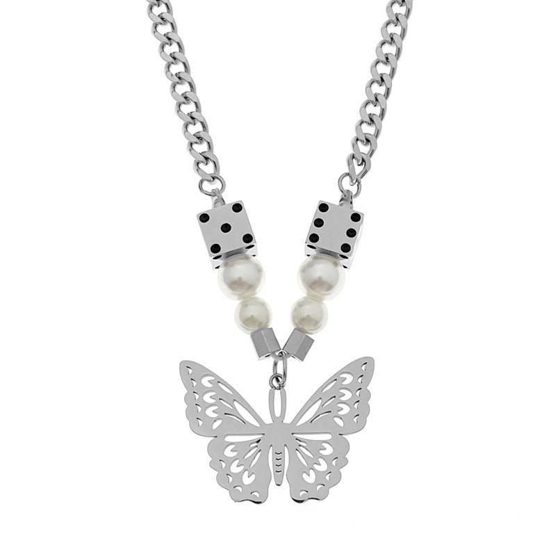 High Street National Tide Ins Hip Hop Street Personality Men And Women Titanium Steel Accessories Butterfly Pendant Dice Pearl Splicing Necklace_ipsvogv.com