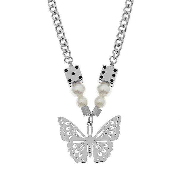 High Street National Tide Ins Hip Hop Street Personality Men And Women Titanium Steel Accessories Butterfly Pendant Dice Pearl Splicing Necklace_ipsvogv.com