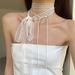 Layered Korean Style White Lace Choker Collarbone Neckband For Women, Niche Narrow Long Strip Ribbon Scarf Necklace_ipsvogv.com
