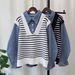 Women's Clothing Contrast color striped stitching denim sweater tops autumn and winter new Korean loose casual sweater pullover for women_ipsvogv.com