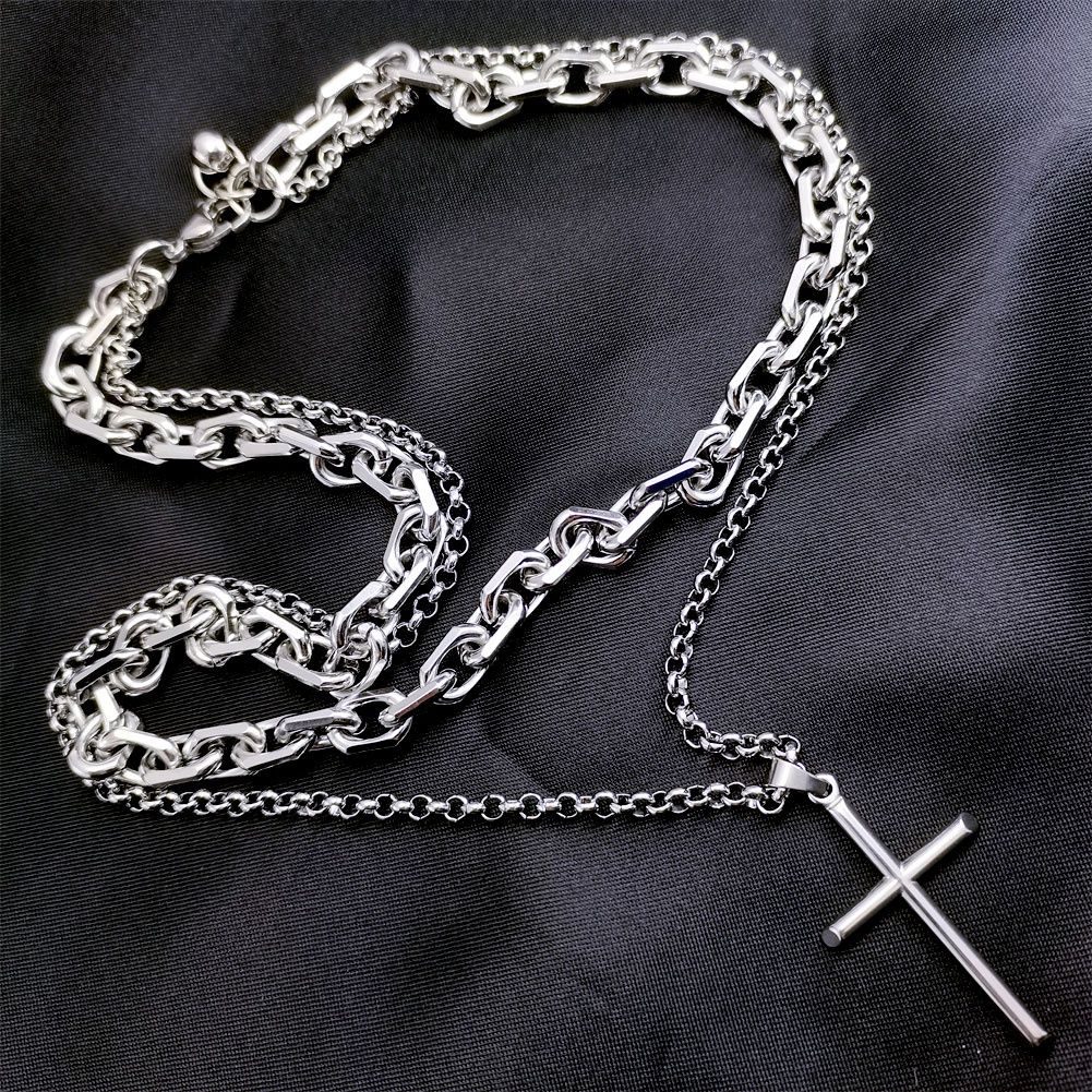 8.5mm & 4mm Width Cross Pendant Double Necklace Stainless Steel Tone for Mens Womens_ipsvogv.com